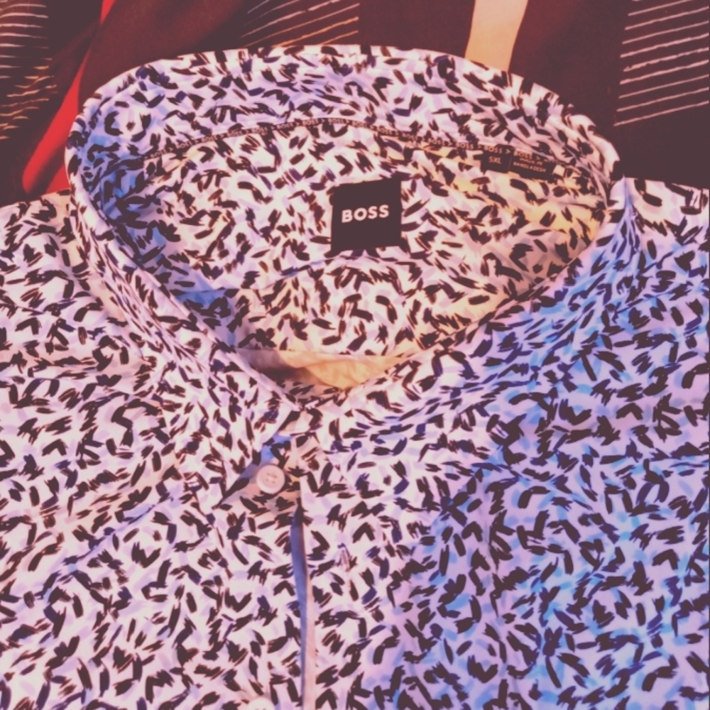 BOSS Silk Long Sleeve Black and White Patterned Shirt